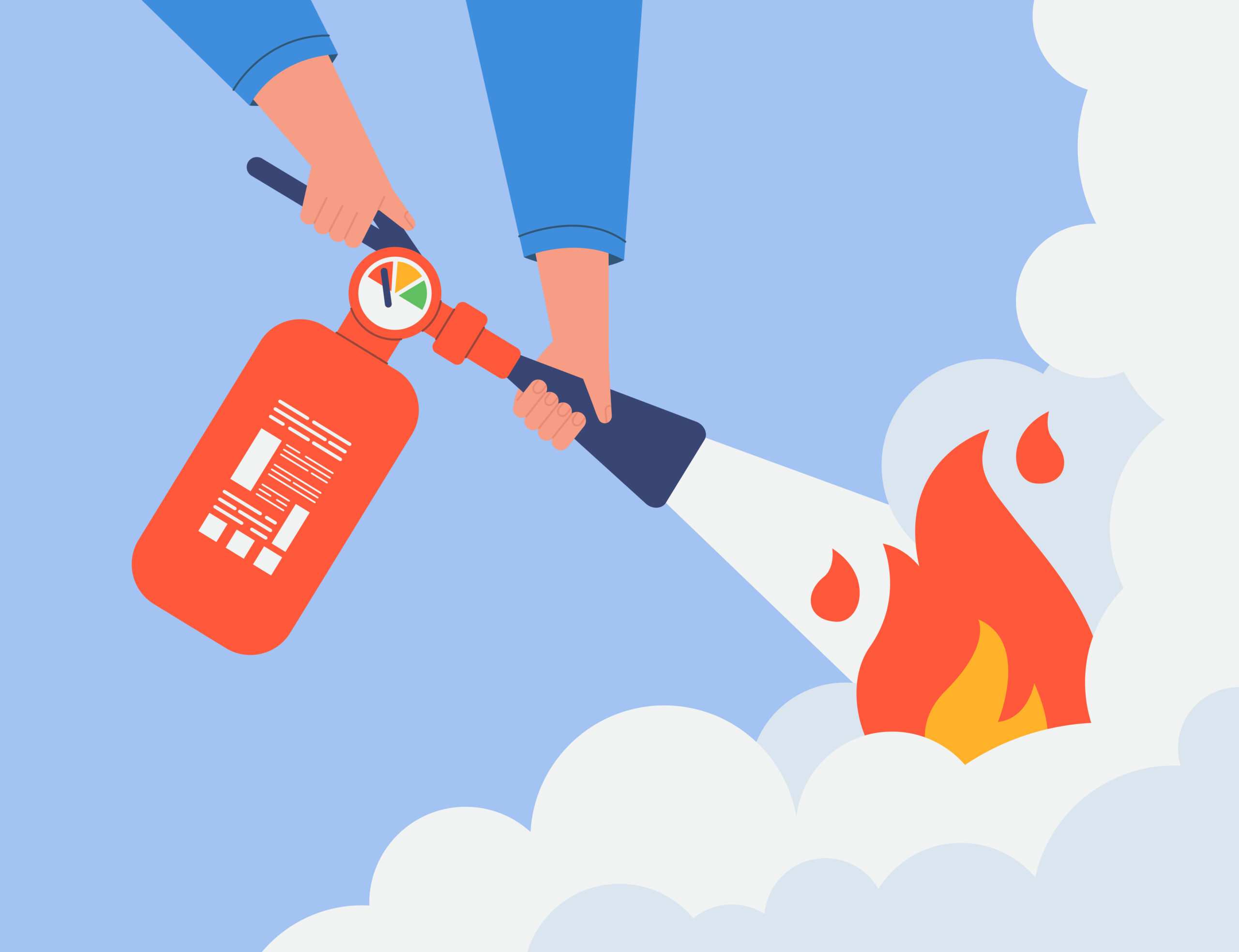Fireman holding fire extinguisher flat vector illustration